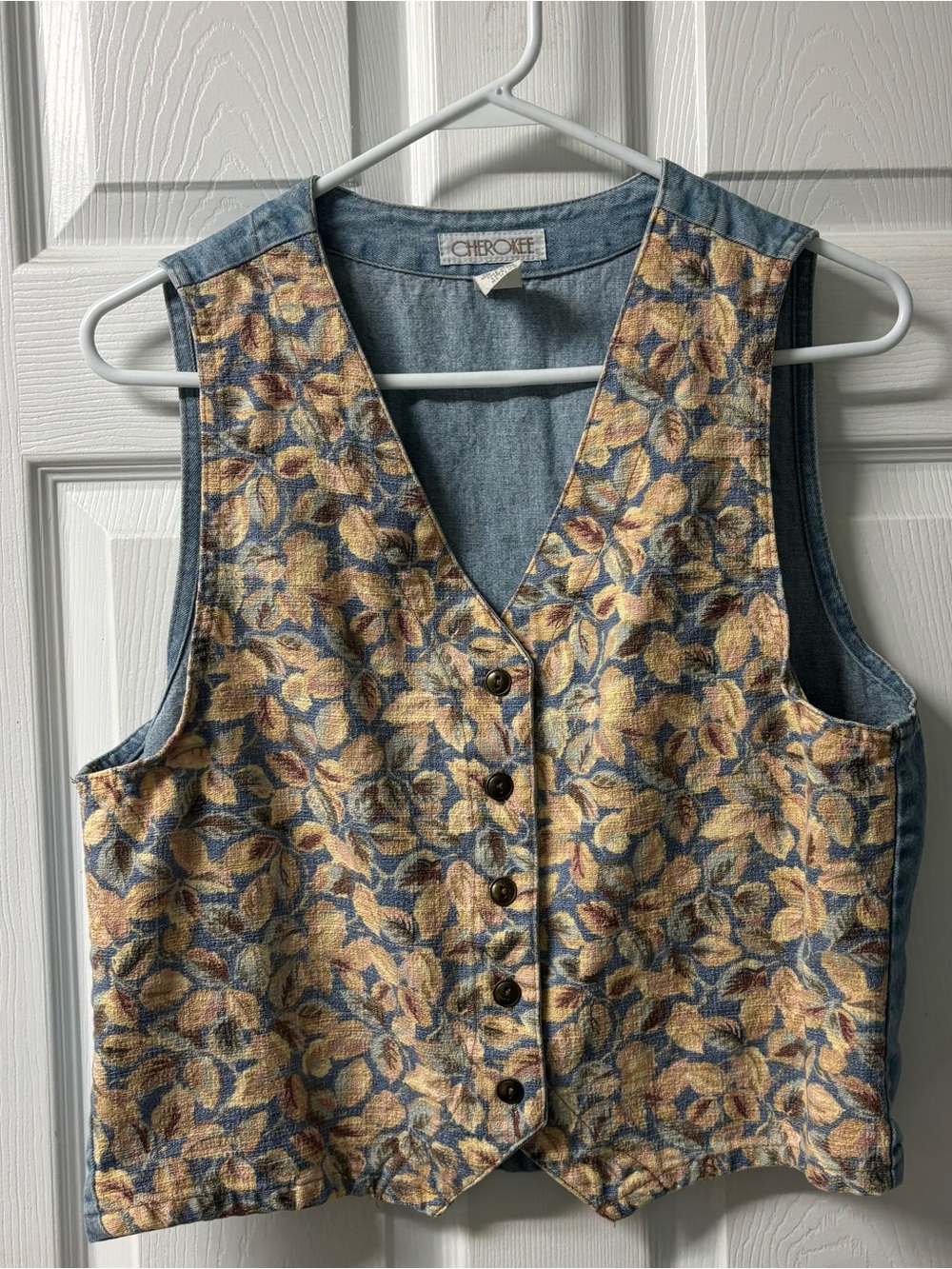 Cherokee Vintage Denim Jean Boho Floral Tapestry Button Front Vest Women’s M